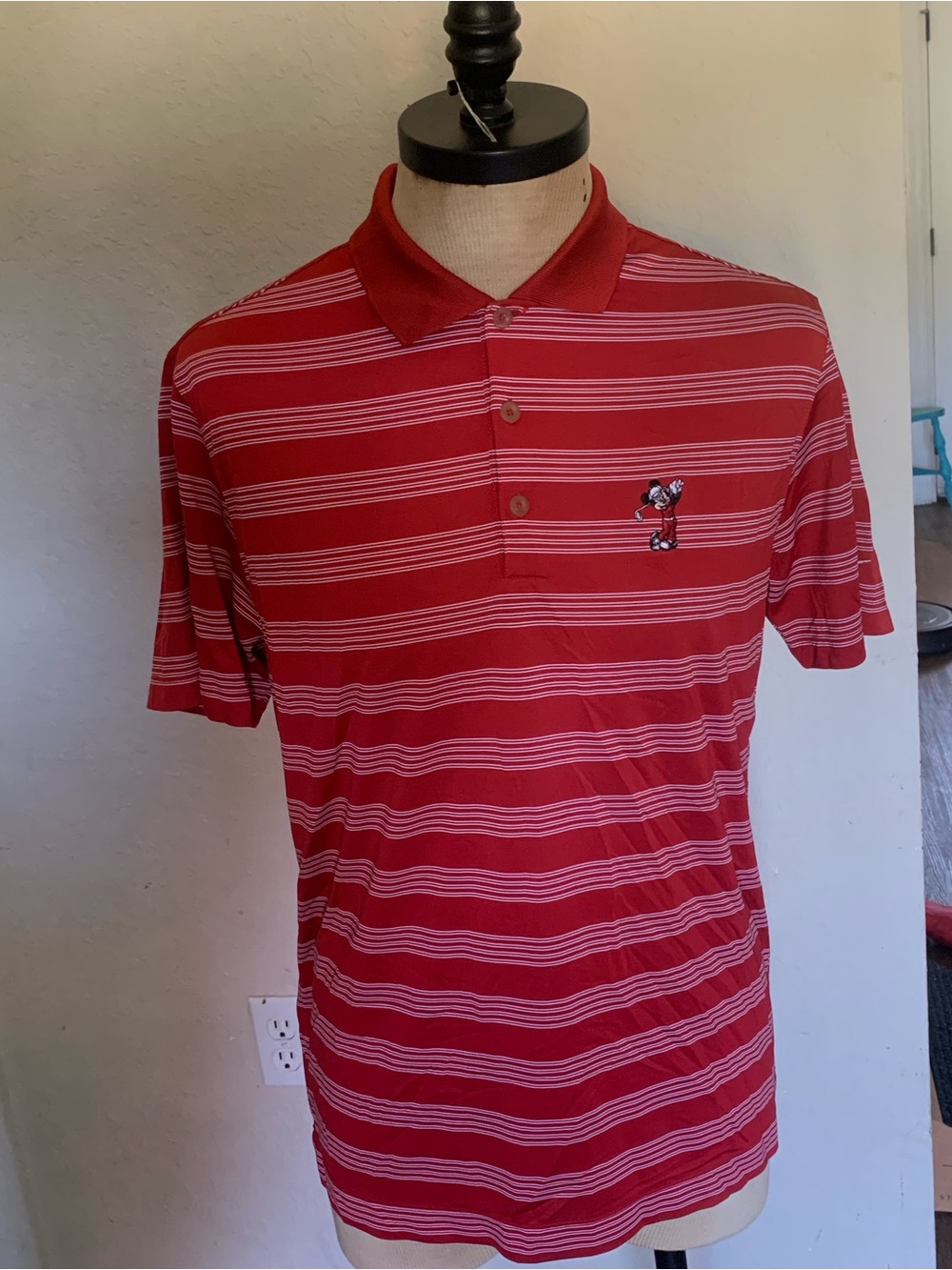 Nike Golf Polo Shirt Mens medium Red Striped Disney Parks Mickey Mouse Dri Fit